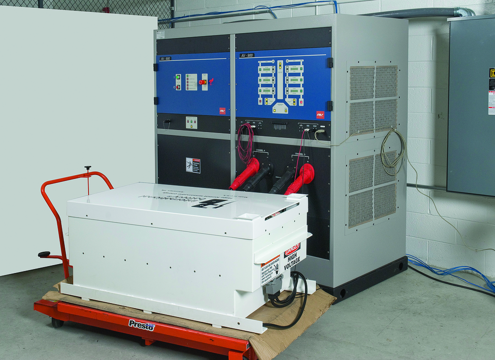 A lithium-ion battery module being tested for large hybrid electric vehicles. This is one of two 35kW battery modules for a bus retrofit application.