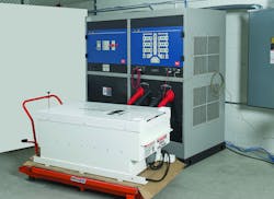 A lithium-ion battery module being tested for large hybrid electric vehicles. This is one of two 35kW battery modules for a bus retrofit application. A lithium-ion battery module being tested for large hybrid electric vehicles. This is one of two 35kW battery modules for a bus retrofit application.