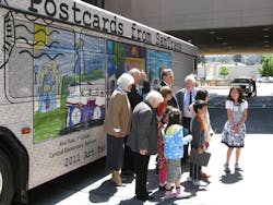 SamTrans Board members and the Art Takes a Bus Ride contest winners take a look at their art work displayed on the Art Bus. The bus will be used to provide regular service throughout the SamTrans service area for the next year. SamTrans Board members and the Art Takes a Bus Ride contest winners take a look at their art work displayed on the Art Bus. The bus will be used to provide regular service throughout the SamTrans service area for the next year.