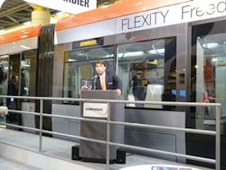 Jeremie Desjardins, business leader of PrimoveCity for Bombardier, introduces the Flexity Freedom family.