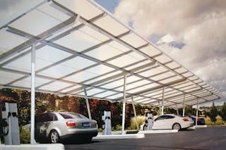 An example of a solar-panel canopy roofed electric vehicle charging station.