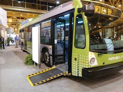 Nova Bus displays its fully-electric transit bus prototype. Nova Bus displays its fully-electric transit bus prototype.
