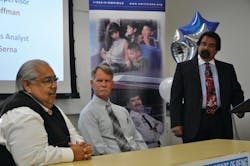 Omnitrans Employees Gabe Serna, left, and Scot Huffman, middle, reflect on their 35 years at the transit agency with CEO/General Manager Milo Victoria, right, at a media open house event.