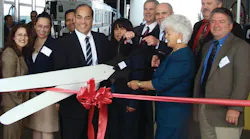 New Fuel Station: City of Montebello Mayor Frank Gomez (Center) and Congresswoman Grace Napolitano (2nd from R) cut the ribbon to commemorate the opening of Montebello’s CNG Fuel Station. (L-R) Assistant Director of Transportation Alva Carrasco, Transit Grants & Contracts Administrator Gloria Gallardo, Los Angeles FTA Team Leader Ray Tellis, Mayor Frank A. Gomez, Director of Transportation Aurora Jackson, So. California Gas Company Michael Boylan, Clean Energy Business Development Manager Derek Turbide, Congresswoman Grace Napolitano, Fiedler Group Project Manager Kyle Esse, Transit Facilities & Maintenance Manager Tom Barrio.