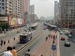 Guangzhou's BRT line spans 14 miles and includes six stations along the way. Guangzhou's BRT line spans 14 miles and includes six stations along the way.