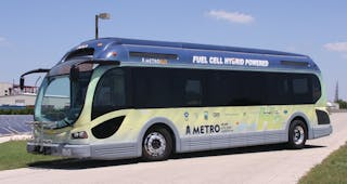 A prototype bus manufactured by Proterra that will showcase and test hydrogen fuel cell technology in an advanced electric-drive transit bus.