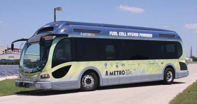 A prototype bus manufactured by Proterra that will showcase and test hydrogen fuel cell technology in an advanced electric-drive transit bus.