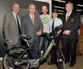 MBCR Chairman James O&apos;Leary, Mayor Thomas M. Menino, Hubway General Manager Scott Mullen, MBCR Conductor Christina Clark, MBCR General Manager Hugh Kiley at The Hubway Birthday Party on July 25, 2012.