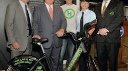 MBCR Chairman James O&apos;Leary, Mayor Thomas M. Menino, Hubway General Manager Scott Mullen, MBCR Conductor Christina Clark, MBCR General Manager Hugh Kiley at The Hubway Birthday Party on July 25, 2012.