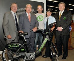 MBCR Chairman James O'Leary, Mayor Thomas M. Menino, Hubway General Manager Scott Mullen, MBCR Conductor Christina Clark, MBCR General Manager Hugh Kiley at The Hubway Birthday Party on July 25, 2012. MBCR Chairman James O'Leary, Mayor Thomas M. Menino, Hubway General Manager Scott Mullen, MBCR Conductor Christina Clark, MBCR General Manager Hugh Kiley at The Hubway Birthday Party on July 25, 2012.