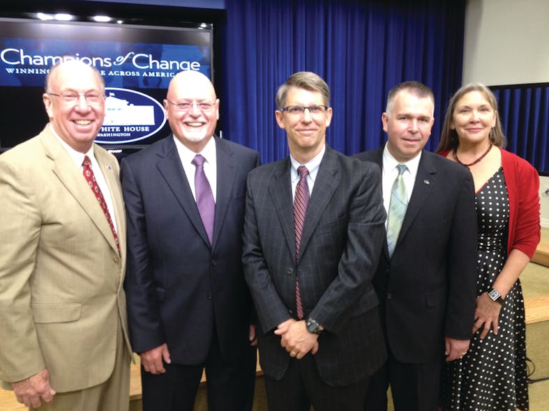 Proterra and its customers at White House Champions of Change event. Pictured left to right: Greg Dietterick, city administrator for the City of Seneca, S.C.; Proterra founder, Dale HIll; Proterra chief executive officer David Bennett; Doran Barnes, executive director of Foothill Transit in Pomona, Calif.; and Donna DeMartino, manager and chief executive officer of California&rsquo;s San Joaquin Regional Transit District.