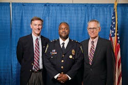 Former St. Paul Police Chief John Harrington was sworn in on September 4, 2012 as the seventh Chief of Metro Transit Police. Met Council Regional Administrator Pat Born is pictured right and Metro Transit General Manager Brian Lamb is pictured at left.