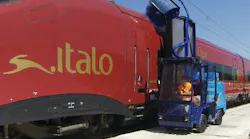 Bitimec SEP900 mobile two brush train washing machine cleaning the Italo train, dubbed the 'Ferrari on Rails.'