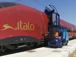 Bitimec SEP900 mobile two brush train washing machine cleaning the Italo train, dubbed the &apos;Ferrari on Rails.&apos;