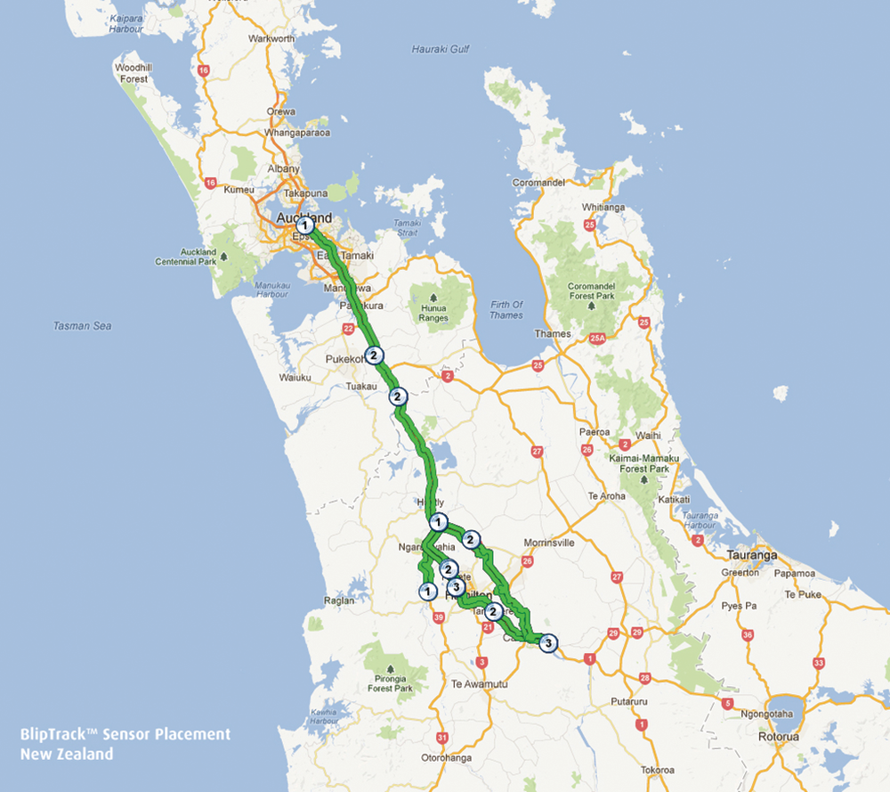 The system, Imported from Blip Systems in Denmark, involves tracking anonymous Bluetooth devices such as cell phones, headsets, in car navigation systems, as they travel in New Zealand, and using this information to identify travel times and route preference. The Bluetooth Address&acute; collected is encrypted in the sensor, making it impossible to relate the Bluetooth address of a device to an individual.