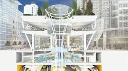 The five-level Transbay Transit Center will serve both bus and rail and will include a 5.4 acre rooftop park.