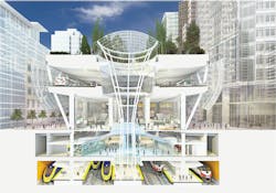 The five-level Transbay Transit Center will serve both bus and rail and will include a 5.4 acre rooftop park. The five-level Transbay Transit Center will serve both bus and rail and will include a 5.4 acre rooftop park.