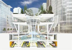 The five-level Transbay Transit Center will serve both bus and rail and will include a 5.4 acre rooftop park.