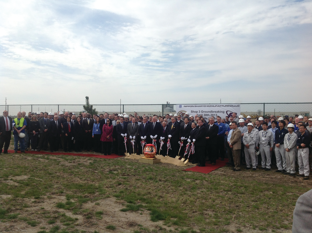 Nippon Sharyo employees and leaders were joined by Illinois Gov. Pat Quinn and U.S. Department of Transportation Secretary Ray LaHood at the April 30 groundbreaking for an expansion of its Rochelle, Ill., plant.