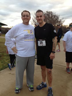 Mike Bismeyer, right, of Seon Inc., went to Oklahoma during Easter weekend to support a fundraiser for Cody Ponder, left, who is fighting cancer. Mike Bismeyer, right, of Seon Inc., went to Oklahoma during Easter weekend to support a fundraiser for Cody Ponder, left, who is fighting cancer.