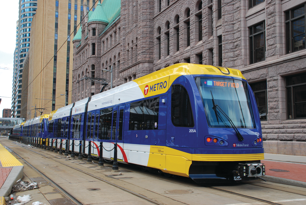 The northbound Metro Blue Line Hiawatha train in front of City Hall in Minneapolis, Minn.