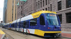 The northbound Metro Blue Line Hiawatha train in front of City Hall in Minneapolis, Minn. The northbound Metro Blue Line Hiawatha train in front of City Hall in Minneapolis, Minn.