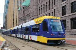 The northbound Metro Blue Line Hiawatha train in front of City Hall in Minneapolis, Minn. The northbound Metro Blue Line Hiawatha train in front of City Hall in Minneapolis, Minn.