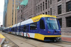 The northbound Metro Blue Line Hiawatha train in front of City Hall in Minneapolis, Minn.
