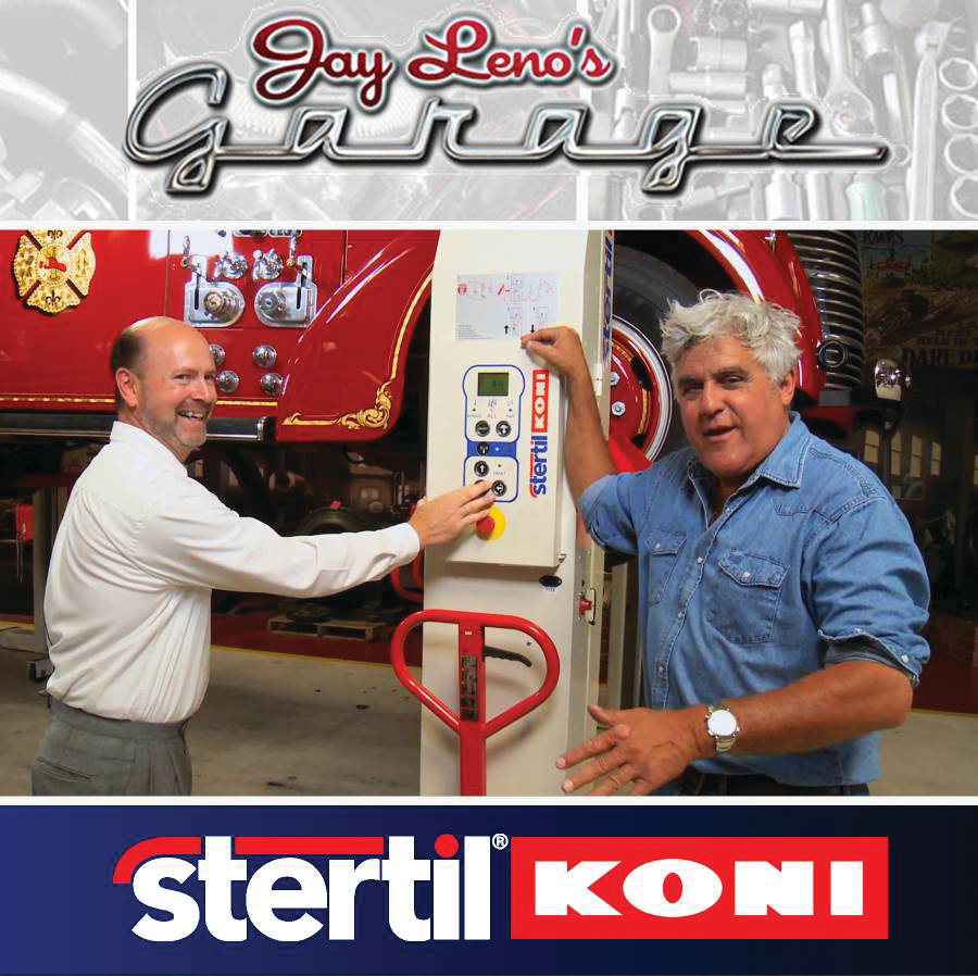Jay Leno and Stertil-Koni sales Manager Carl Boyer use one of the company's wireless lifts on an episode of 'Jay Leno's Garage.'