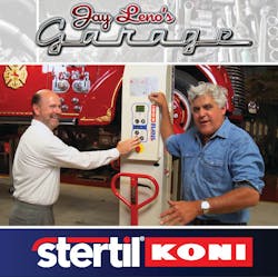 Jay Leno and Stertil-Koni sales Manager Carl Boyer use one of the company&apos;s wireless lifts on an episode of &apos;Jay Leno&apos;s Garage.&apos;