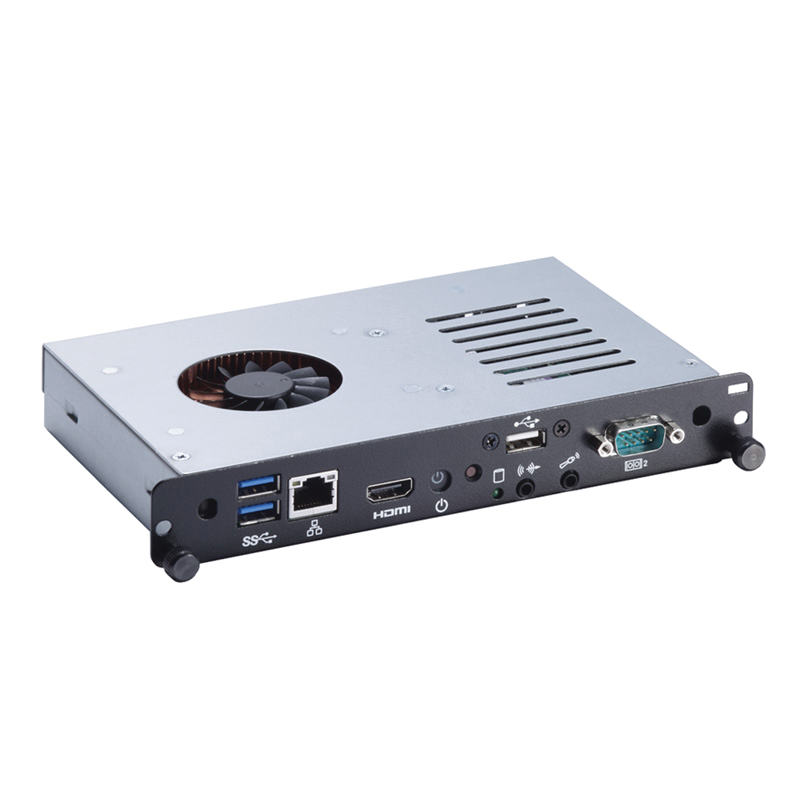 The OPS880 is connected to displays via a standardized JAE TX-25 plug connector, and includes HDMI interface, DisplayPort, UART, audio, USB 3.0 and USB 2.0 signals.