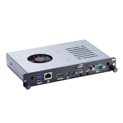 The OPS880 is connected to displays via a standardized JAE TX-25 plug connector, and includes HDMI interface, DisplayPort, UART, audio, USB 3.0 and USB 2.0 signals. The OPS880 is connected to displays via a standardized JAE TX-25 plug connector, and includes HDMI interface, DisplayPort, UART, audio, USB 3.0 and USB 2.0 signals.