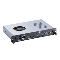 The OPS880 is connected to displays via a standardized JAE TX-25 plug connector, and includes HDMI interface, DisplayPort, UART, audio, USB 3.0 and USB 2.0 signals.
