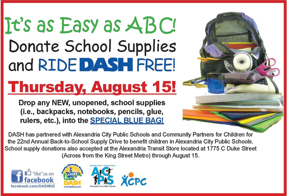 DASH will be collecting school supplies to help students in Alexandria Public Schools.