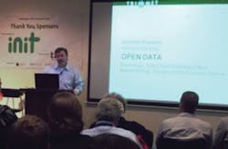 TriMet Chief Technology Officer Tim McHugh addressing developers. TriMet Chief Technology Officer Tim McHugh addressing developers.