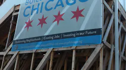 A 'Building a new Chicago' banner hangs from a temporary staircase at the Garfield Green Line station in Chicago.