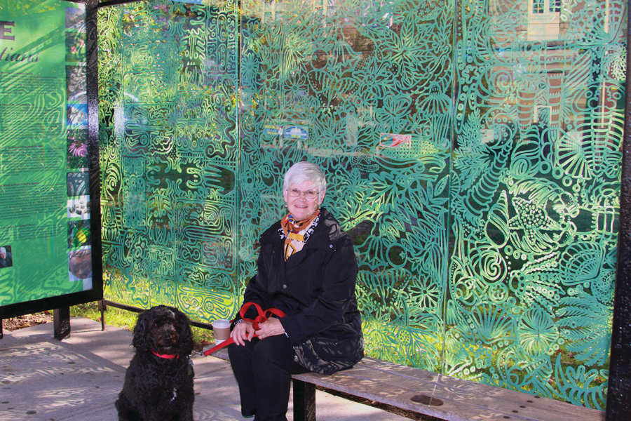 Cincinnati artist Jan Brown Checco has painted a Metro bus shelter, celebrating native plans, fossils and Native American art.