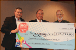 Pictured from left: SEPTA GM Joe Casey and Chairman Pat Deon present Philabundance President and Executive Director Bill Clark with a check for $13,895.83, the money collected from SEPTA customers and employees during the food drive.