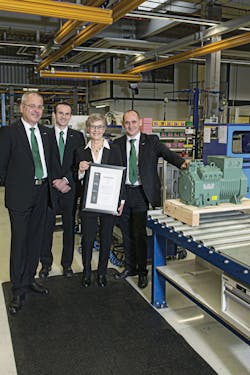 The 100,000th New Ecoline reciprocating compressor being presented to the Polish trading partner Berling S.A.. From left to right, Frank Fuhlbrück, Bitzer Schkeuditz plant manager; Volker Stamer, director of stationary products at Bitzer; Hanna Berling, CEO of Berling S.A.; and Michael Eichberger managing director Bitzer Austria. The 100,000th New Ecoline reciprocating compressor being presented to the Polish trading partner Berling S.A.. From left to right, Frank Fuhlbrück, Bitzer Schkeuditz plant manager; Volker Stamer, director of stationary products at Bitzer; Hanna Berling, CEO of Berling S.A.; and Michael Eichberger managing director Bitzer Austria.