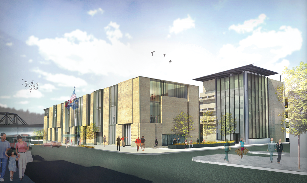Spillman Farmer Architects and the city of Easton broke ground for the new, three-story, 138,800-square-foot Transportation Center Garage in Easton, Penn. The new structure, pictured on the right side of the rendering, will be the first component of a $31-million Easton City Hall and Transportation Center project.
