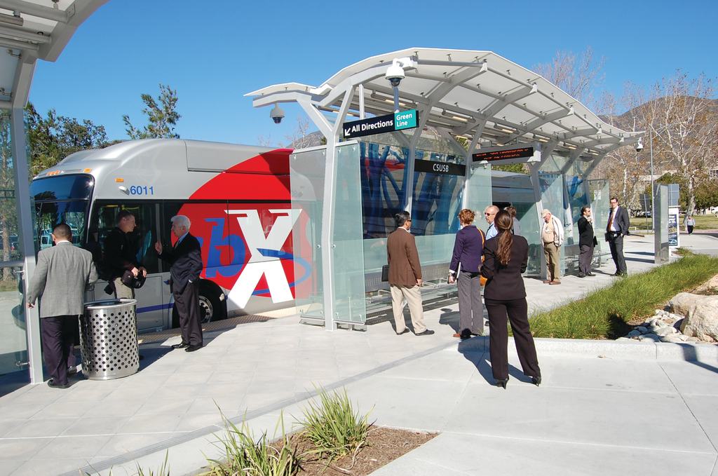Omnitrans' sbX vehicle at California State University, San Bernardino station.