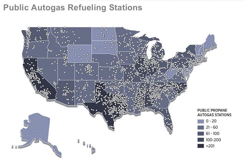 Propane autogas has been an alternative fuel option for many years so there is an extensive amount of public refueling stations, so vehicles can go cross country when powered by it.