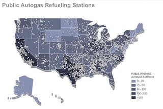 Propane autogas has been an alternative fuel option for many years so there is an extensive amount of public refueling stations, so vehicles can go cross country when powered by it.
