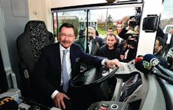 Mayor Melih testing drive the BYD ebus. Mayor Melih testing drive the BYD ebus.