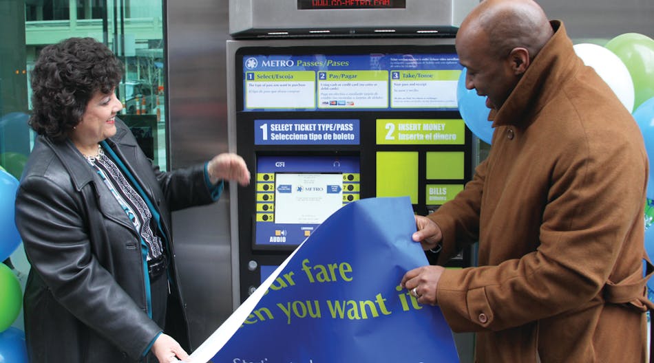 : Metro CEO Terry Garcia Crews and SORTA Board Chair Jason Dunn unveiled the first transit ticket vending machine in Cincinnati on March 27.