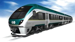 The new Nippon Sharyo DMU train to be operated on the new transit link from Toronto to Toronto Pearson International Airport.