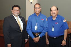 From left to right, Alex Briseño, chairman, Via Board of Trustees; Manuel Valdez, Via bus operator; Jesse Quintero, Via bus operator. From left to right, Alex Briseño, chairman, Via Board of Trustees; Manuel Valdez, Via bus operator; Jesse Quintero, Via bus operator.