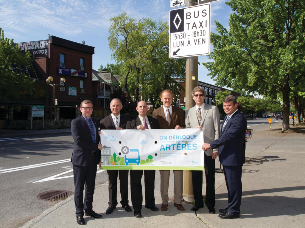 From left to right: Philippe Schnobb, chairman of the board of the STM; Aref Salem, member of the Executive Committee of the City of Montreal and head of transport; Marvin Rotrand, city councilor, Snowdon district and vice-president of the Board of Directors of the STM; Peter McQueen, City Councillor, District of Notre-Dame-de-Gr&acirc;ce; Russell Copeman, mayor of the borough of C&ocirc;te-des-Neiges-Notre-Dame-de-Gr&acirc;ce; and Marc B&eacute;langer, Director - Planning and development of the STM network.