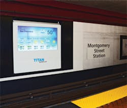 A digital signage display at the BART Montgomery Street station in San Francisco. A digital signage display at the BART Montgomery Street station in San Francisco.