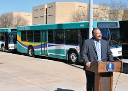 Wichita Mayor Carl Brewer introduces new buses during a May 2 press conference. Wichita Mayor Carl Brewer introduces new buses during a May 2 press conference.